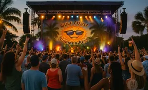 A crowd enjoys an outdoor concert at Gulf Coast Summer Fest, with a stage and palm trees lit by stage lights.
