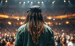 Back view of a person with dreadlocks wearing a baseball cap and green jacket, facing a large audience in a concert hall.