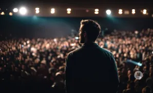 Man on stage facing a large, blurred audience under stage lights.