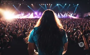 A person with long hair stands facing a crowd at a concert, with stage lights illuminating the scene.