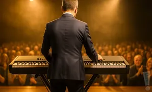 Man in a suit playing a keyboard on stage in front of an audience.