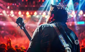 A guitarist plays on a brightly lit stage, facing away from the camera towards a cheering crowd.