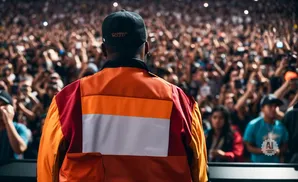 Back of a person in an orange and red jacket and black baseball cap facing a large, blurred crowd.