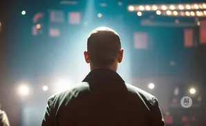 Back of a bald man in a jacket facing a stage with bright lights and fog.