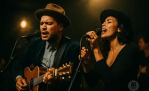 A man with a hat plays guitar and sings into a microphone, while a woman beside him sings into another microphone.