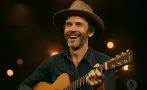 A man in a hat laughs while playing an acoustic guitar.