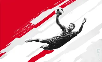 A male soccer goalie leaps to catch a ball against a red and white background.