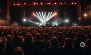 A band performs on a brightly lit stage to a large, enthusiastic crowd holding up their phones.