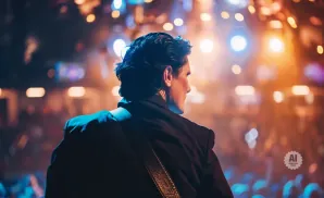 Man in a black suit plays guitar on a stage with bright lights and a blurred audience.