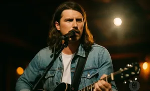 A man with long brown hair and a mustache, wearing a denim jacket and a white t-shirt, plays an acoustic guitar and sings into a microphone.