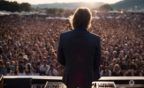 Man in a suit on stage facing a large, cheering crowd at an outdoor concert.