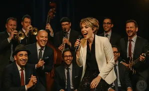 A jazz band performs on stage with a female singer in the foreground.