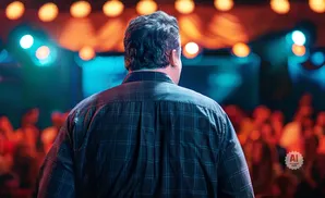 Back of a person in a plaid shirt facing a blurred crowd with stage lights.