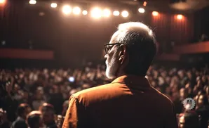 Man in an orange shirt with glasses, facing an audience under stage lights.