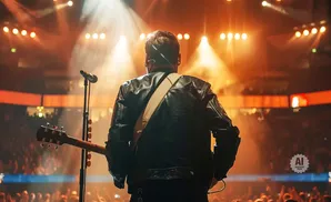 Guitarist in a leather jacket on stage with a guitar and microphone, facing a cheering crowd.