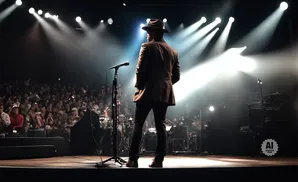 A man in a hat and suit stands on a stage facing a crowd, with a microphone in front of him.