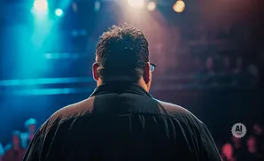 Man facing away from camera on stage, lit by spotlights with blurred audience in background.