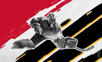 A hockey goalie in full gear lunges to block a shot on a graphic background with red, black, and yellow diagonal stripes.