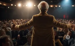 Man with arms outstretched addresses a large audience in a dimly lit theater.