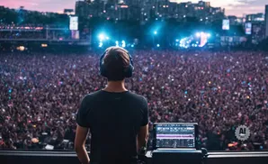 DJ with headphones plays for a massive, illuminated crowd at a festival.