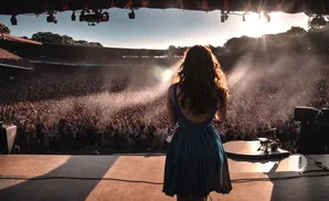 Singer in blue dress on stage facing large, cheering stadium crowd at sunset.