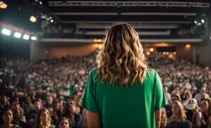 Woman in green shirt on stage facing large audience.