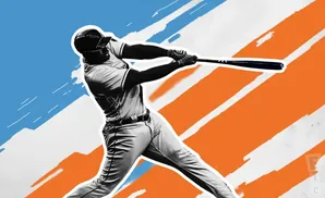 A baseball player swings a bat against an orange and blue background.