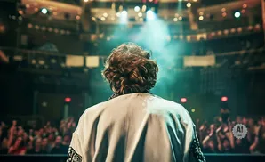 Back view of a person with curly hair standing on stage, facing a cheering crowd.