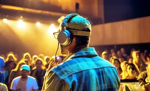 A person wearing headphones and a cap listens to a performance, facing away from the camera toward a crowd and bright stage lights.