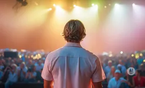 Man facing away from camera, looking at a large, blurred crowd under bright stage lights.