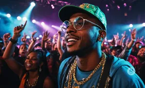 Man in a green cap and gold chains smiles at a concert, with a crowd cheering behind him.