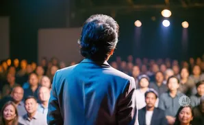 A person in a suit speaks to a blurred audience under stage lights.