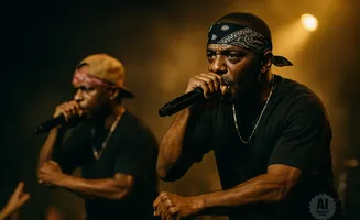 Two rappers perform on stage, holding microphones and wearing bandanas and chains.