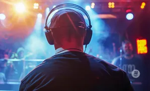 A DJ wearing headphones stands in front of a blurred crowd and stage lights at a concert.