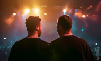 Two men in black t-shirts stand with their backs to the camera, looking at a concert stage with bright lights.