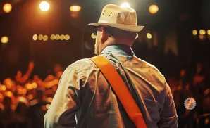 Man in a hat and sunglasses on stage with an orange guitar strap, crowd in the background.