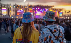 Two people in bucket hats watch a vibrant, blurry concert stage with a crowd in front.