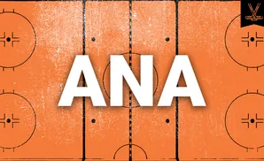 Illustration of a hockey rink with grunge texture and a black banner with crossed hockey sticks in the top right corner.