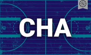 A blue basketball court with teal lines, a center circle, and a basketball icon.