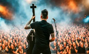 A musician holds a coffin-shaped guitar on stage, facing a cheering crowd.