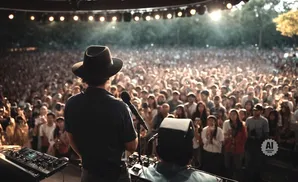 A musician in a hat performs for a large, cheering crowd at an outdoor concert.