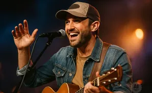 A man in a denim jacket and baseball cap sings into a microphone while playing an acoustic guitar.
