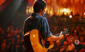 Man playing acoustic guitar on stage, facing away from camera, with blurred audience in the background.