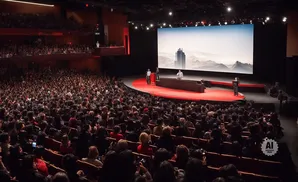 Audience watches a presentation on a large screen in a theater.