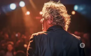 A man with wind-swept hair and a dark suit stands on a stage, facing away from the camera, bathed in warm stage lights.
