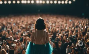 A performer in a teal skirt faces a cheering crowd at a concert.