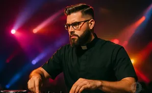 A man dressed as a priest with glasses and a beard DJs at a club with colorful lights.