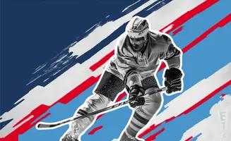 Hockey player in action against a blue, white, and red abstract background.