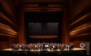 An orchestra performs on stage in a grand concert hall with warm, wooden acoustics.