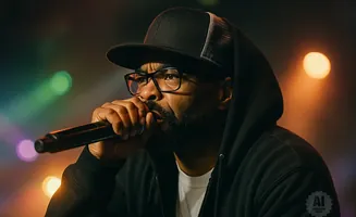 A rapper in a black hoodie and baseball cap performs into a microphone, with colorful stage lights in the background.
